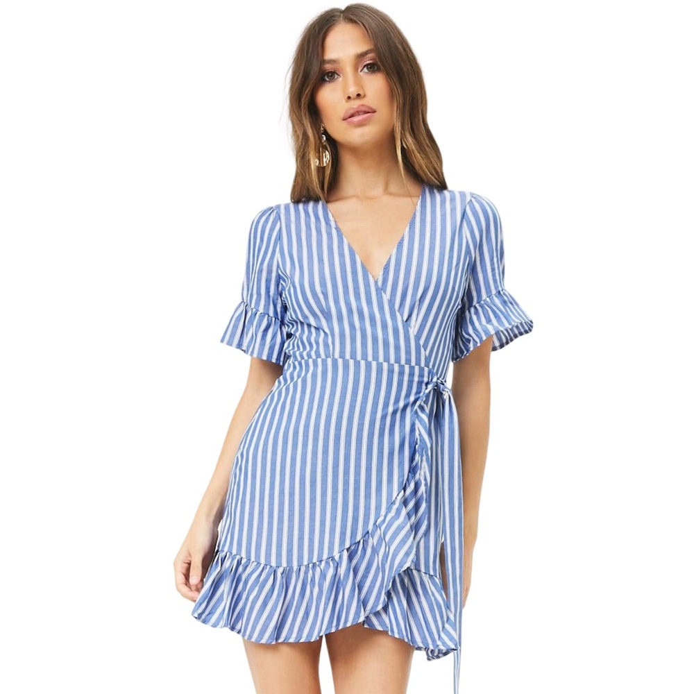 Forever21 Blue & White Striped Wrap Mini Dress Costal Cottage Core Boho Preppy